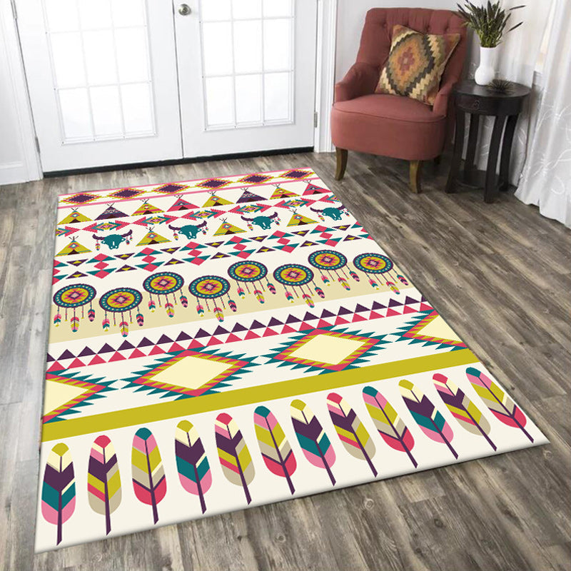 Avtoit | Tribal Cow Pattern Rug with Feather Yellow Polyester Rug Machine Washable Non-Slip Back Area Rug for Bedroom