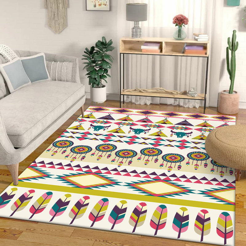 Avtoit | Tribal Cow Pattern Rug with Feather Yellow Polyester Rug Machine Washable Non-Slip Back Area Rug for Bedroom