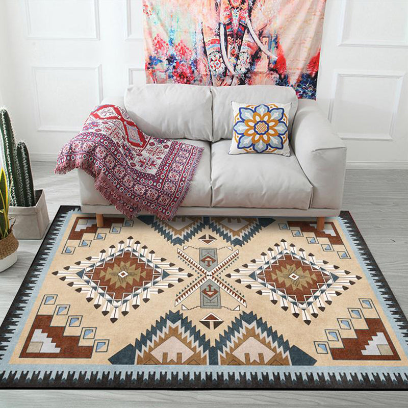 Avtoit | Beige Vintage Carpet Polyester Tribal Pattern Carpet Washable Non-Slip Background Carpet for Living Room