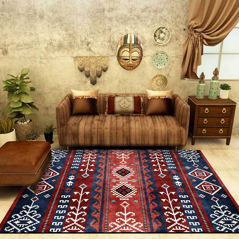 Avtoit | Marine and red southwest rug polyester tribal pattern rug washable non-slip backing rug for living room