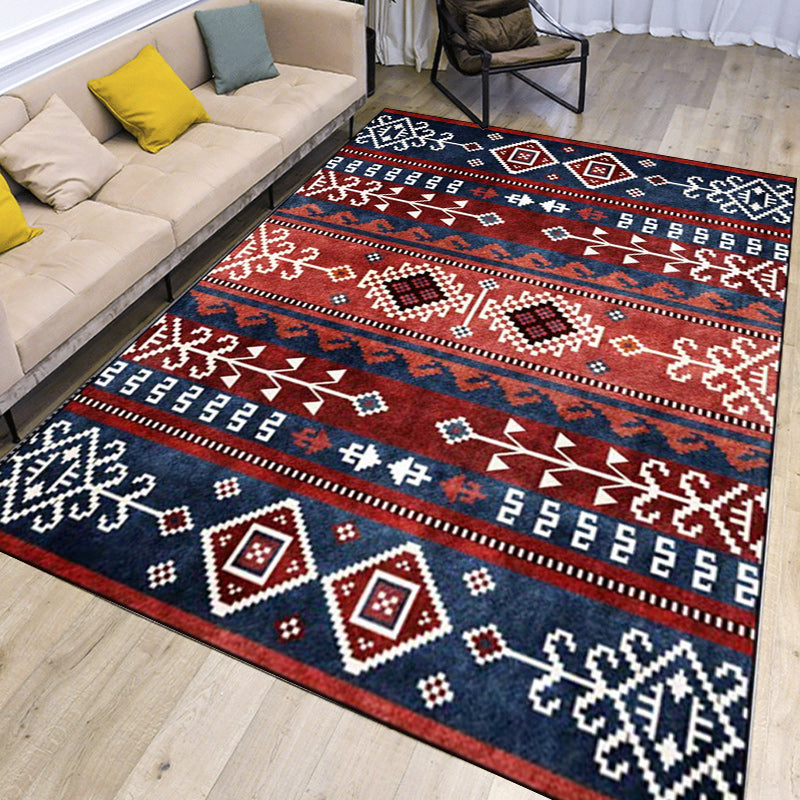 Avtoit | Marine and red southwest rug polyester tribal pattern rug washable non-slip backing rug for living room