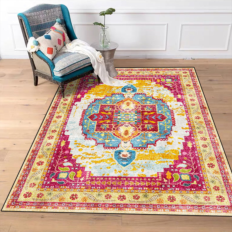 Avtoit | Moroccan Living Room Rug in Yellow and Pink Medallion Flower Leaf Geometric Print Rug Polyester Non-Slip Back Area Rug