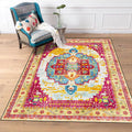 Avtoit | Moroccan Living Room Rug in Yellow and Pink Medallion Flower Leaf Geometric Print Rug Polyester Non-Slip Back Area Rug