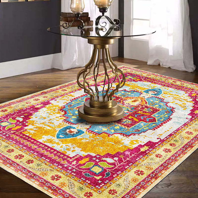 Avtoit | Moroccan Living Room Rug in Yellow and Pink Medallion Flower Leaf Geometric Print Rug Polyester Non-Slip Back Area Rug
