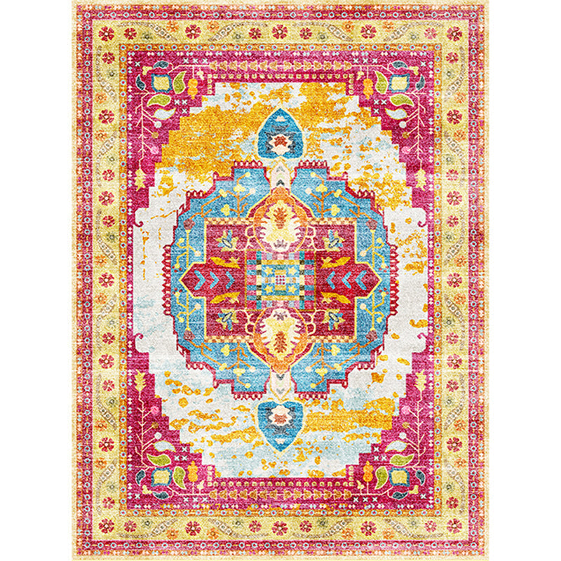 Avtoit | Moroccan Living Room Rug in Yellow and Pink Medallion Flower Leaf Geometric Print Rug Polyester Non-Slip Back Area Rug