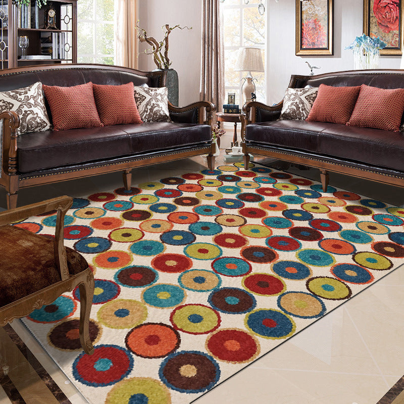 Avtoit | Nordic Novelty Rug in Red and Yellow Geometry Circle Dots Wave Pattern Rug Polyester Pet Friendly Rug for Home Decor