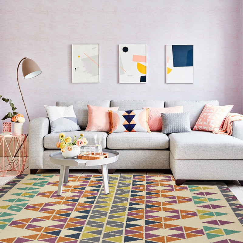 Avtoit | Southwest living room rug in ivory colored geometric triangle print rug machine washable polyester carpet