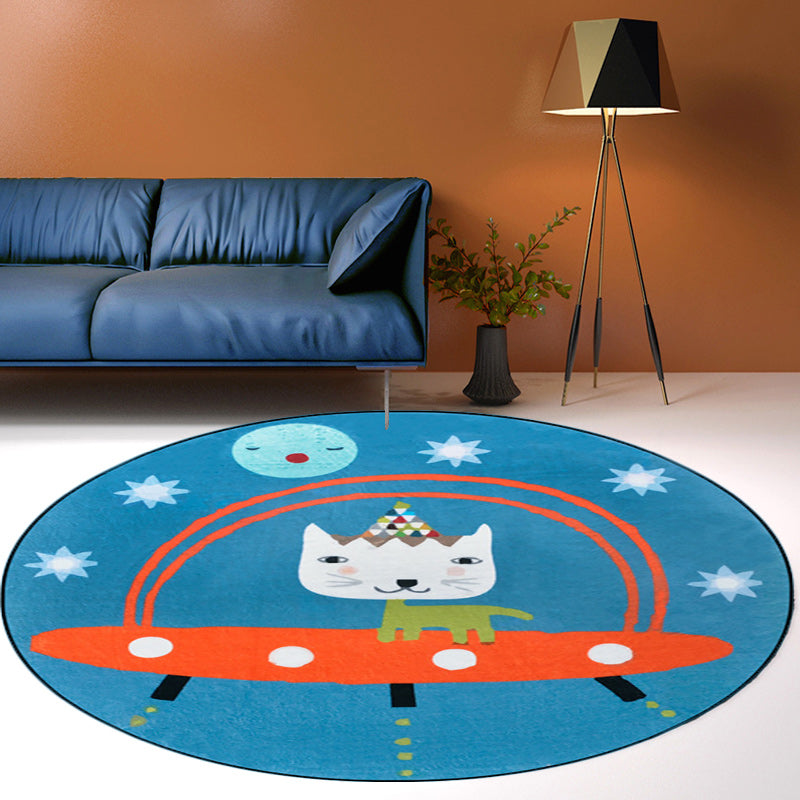 Avtoit | Beautiful children's rug in blue animal cat spaceship pattern rug polyester anti-slip mat rug for the children's room
