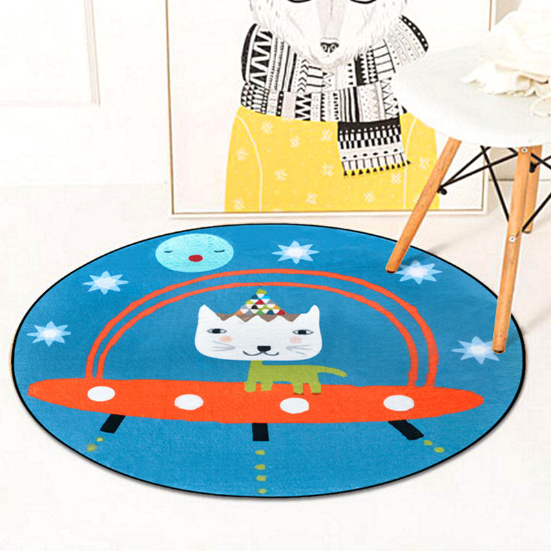 Avtoit | Beautiful children's rug in blue animal cat spaceship pattern rug polyester anti-slip mat rug for the children's room