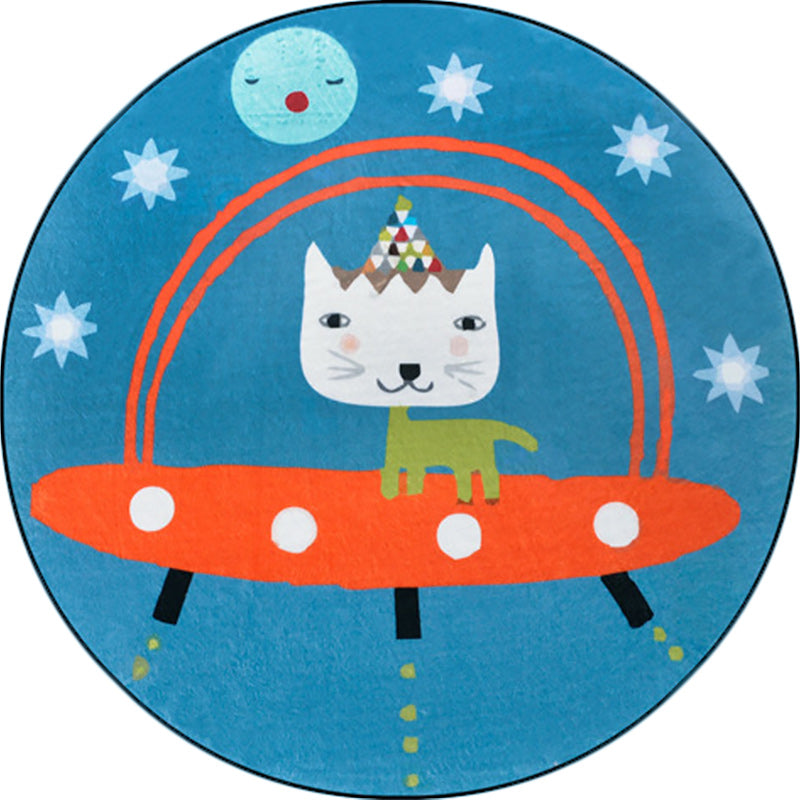 Avtoit | Beautiful children's rug in blue animal cat spaceship pattern rug polyester anti-slip mat rug for the children's room
