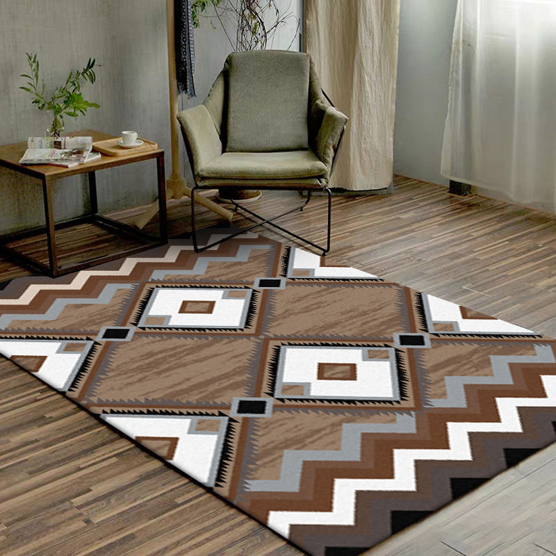 Avtoit | Brown Bedroom Carpet Southwestern Geometric Diamond Wave Pattern Area Rug Polyester Non-Slip Rug