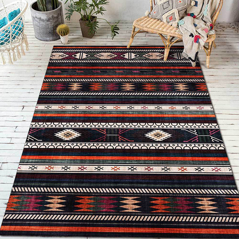 Avtoit | Tribal Southwest Rug in Black Geometric Stripe Pattern Rug Polyester Non-Slip Rug for Home Decor