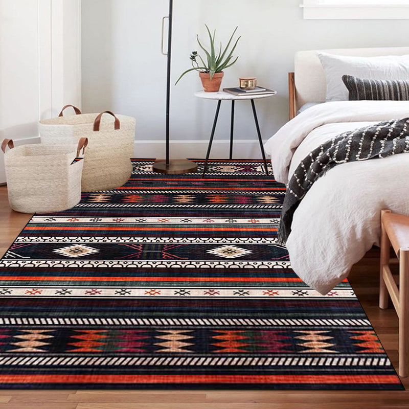 Avtoit | Tribal Southwest Rug in Black Geometric Stripe Pattern Rug Polyester Non-Slip Rug for Home Decor