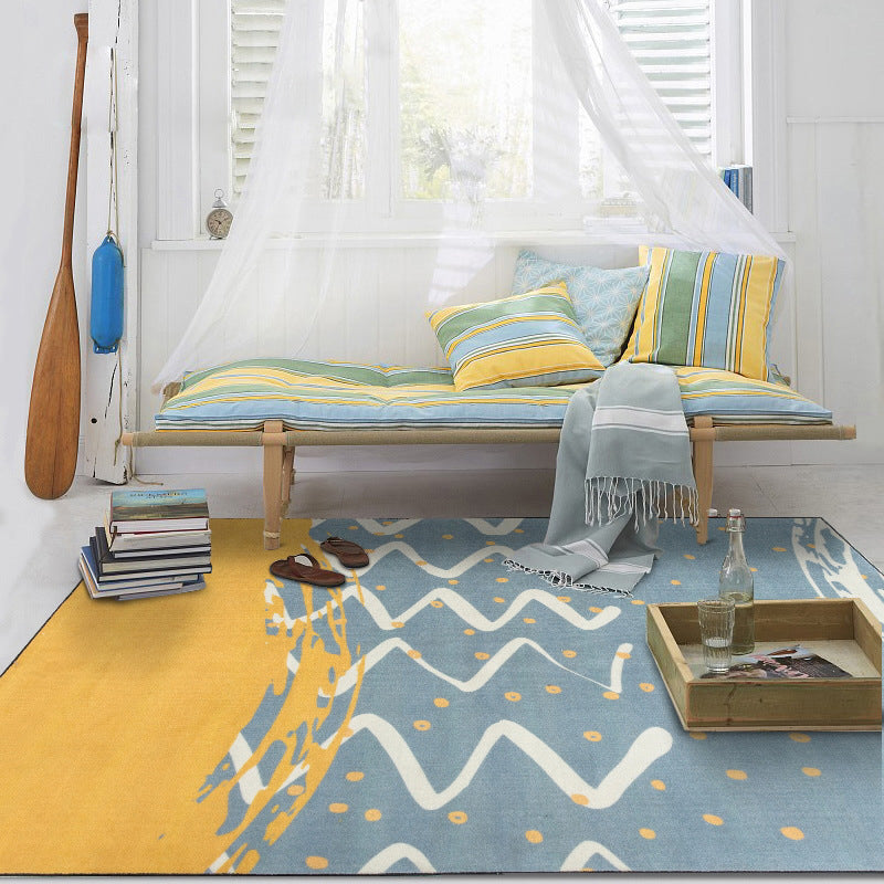 Avtoit | Minimalistic Novelty Area Rug in Blue and Yellow Geometric Dots Wave Pattern Area Rug Polyester Non-Slip Carpet for Home Decoration