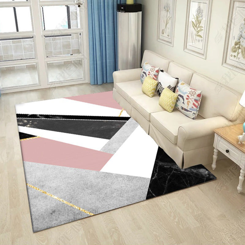 Avtoit | Pink and Black Bedroom Carpet Modern Color Block Geometric Marble Pattern Area Rug Polyester Non-Slip Rug