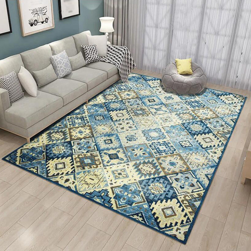 Avtoit | Moroccan Living Room Rug in Blue Diamond Print Rug Polyester Stain Resistant Non-Slip Area Rug