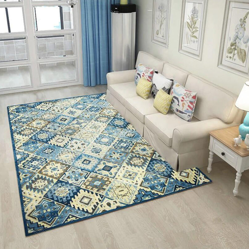 Avtoit | Moroccan Living Room Rug in Blue Diamond Print Rug Polyester Stain Resistant Non-Slip Area Rug