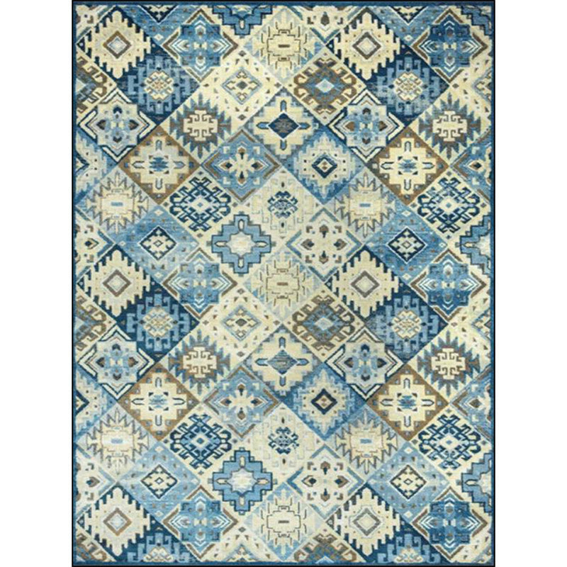Avtoit | Moroccan Living Room Rug in Blue Diamond Print Rug Polyester Stain Resistant Non-Slip Area Rug