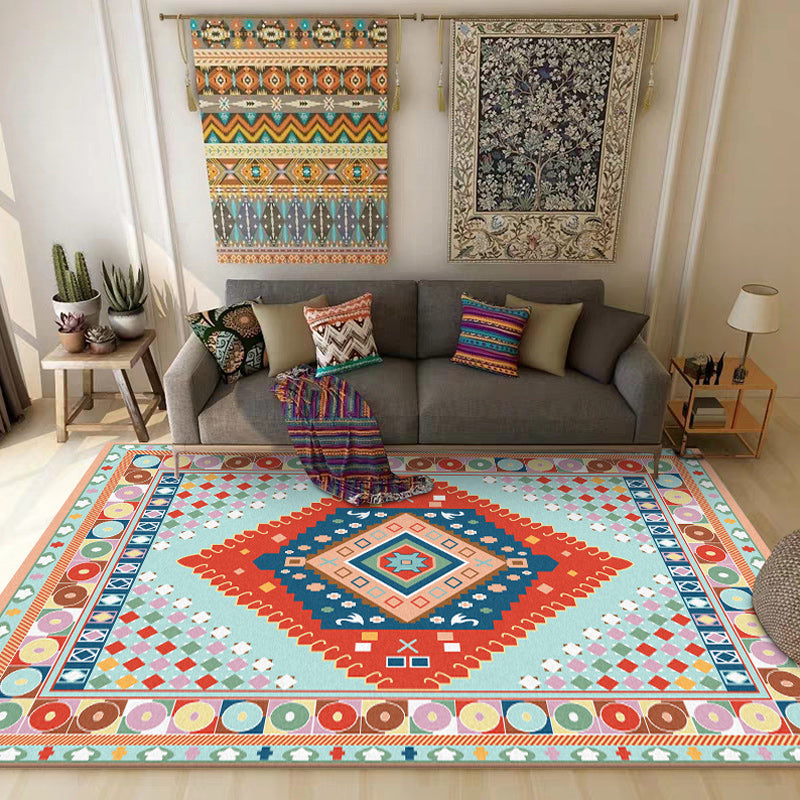 Avtoit | Blue and Orange Bedroom Rug Moroccan Medallion Circle Diamond Pattern Rug Polyester Non-Slip Washable Rug