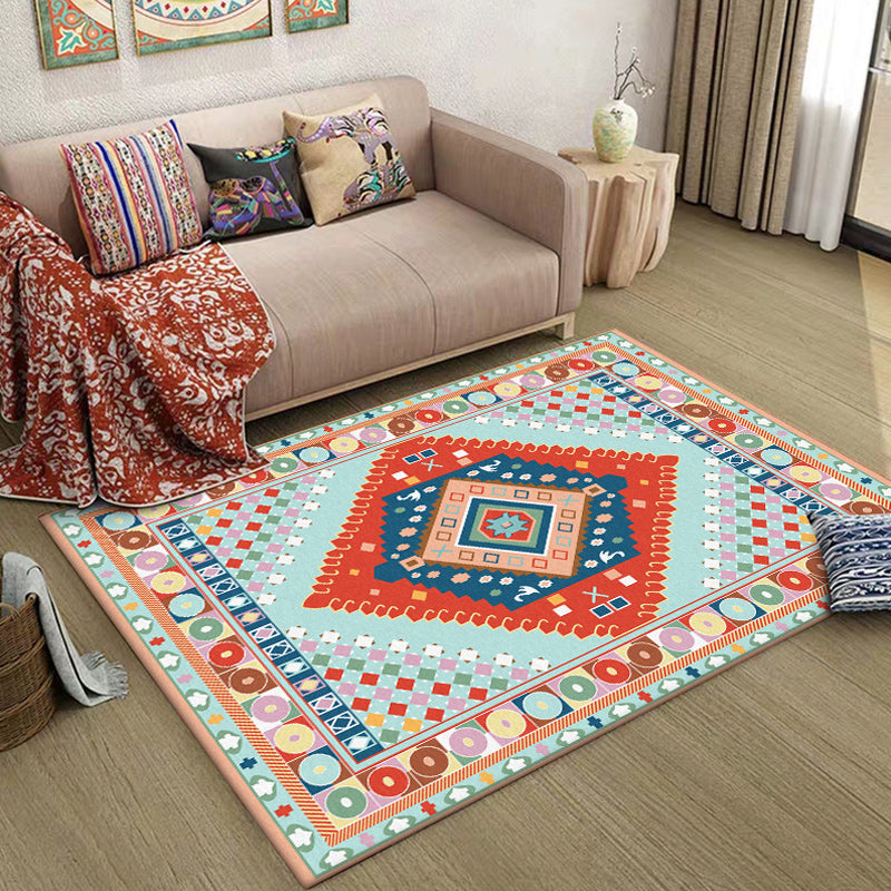 Avtoit | Blue and Orange Bedroom Rug Moroccan Medallion Circle Diamond Pattern Rug Polyester Non-Slip Washable Rug