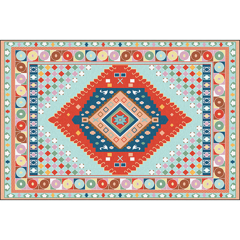 Avtoit | Blue and Orange Bedroom Rug Moroccan Medallion Circle Diamond Pattern Rug Polyester Non-Slip Washable Rug