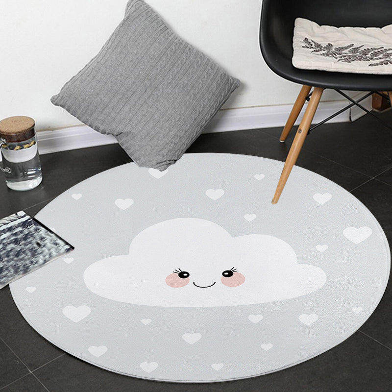 Avtoit | Children's Room Rug in Gray Fairy Tale Clouds Heart Print Rug Polyester Stain Resistant Non-Slip Area Rug