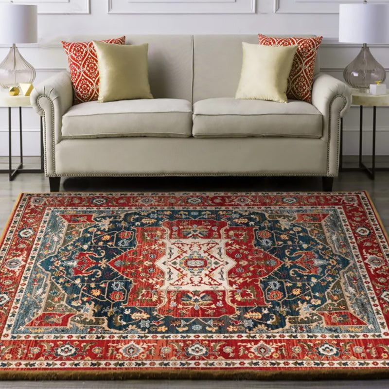 Avtoit | Oriental Moroccan carpet in blue and red medallion floral pattern carpet polyester washable rug for home decor