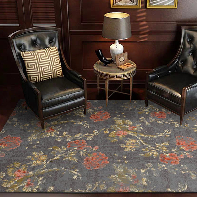 Avtoit | Dark Gray Vintage Carpet Polyester Flower and Leaf Pattern Carpet Washable Non-Slip Back Carpet for Living Room