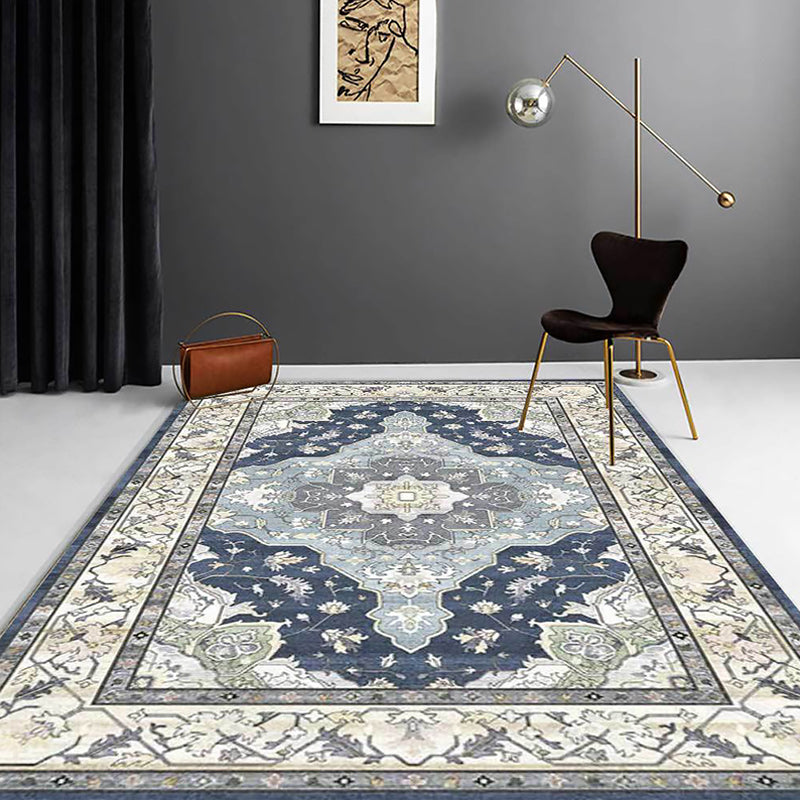 Avtoit | Moroccan Living Room Rug in Blue Medallion Floral Pattern Rug Polyester Stain Resistant Non-Slip Area Rug