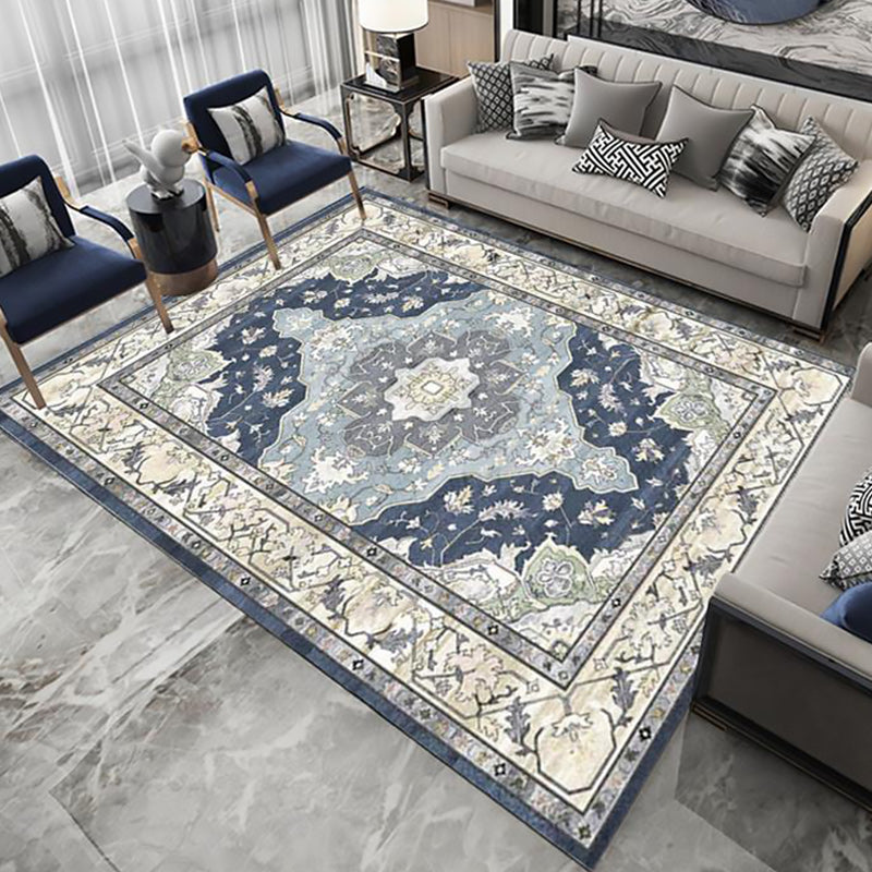 Avtoit | Moroccan Living Room Rug in Blue Medallion Floral Pattern Rug Polyester Stain Resistant Non-Slip Area Rug