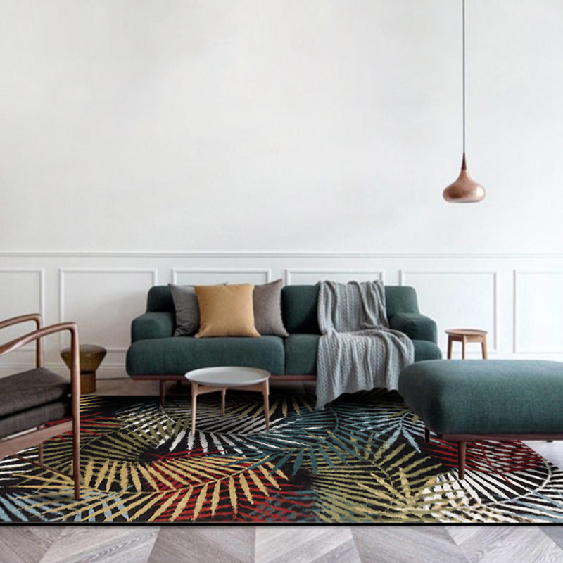 Avtoit | Black Bedroom Carpet Vintage Botanical Leaf Pattern Area Rug Polyester Pet-Friendly Washable Rug