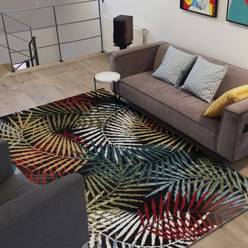 Avtoit | Black Bedroom Carpet Vintage Botanical Leaf Pattern Area Rug Polyester Pet-Friendly Washable Rug