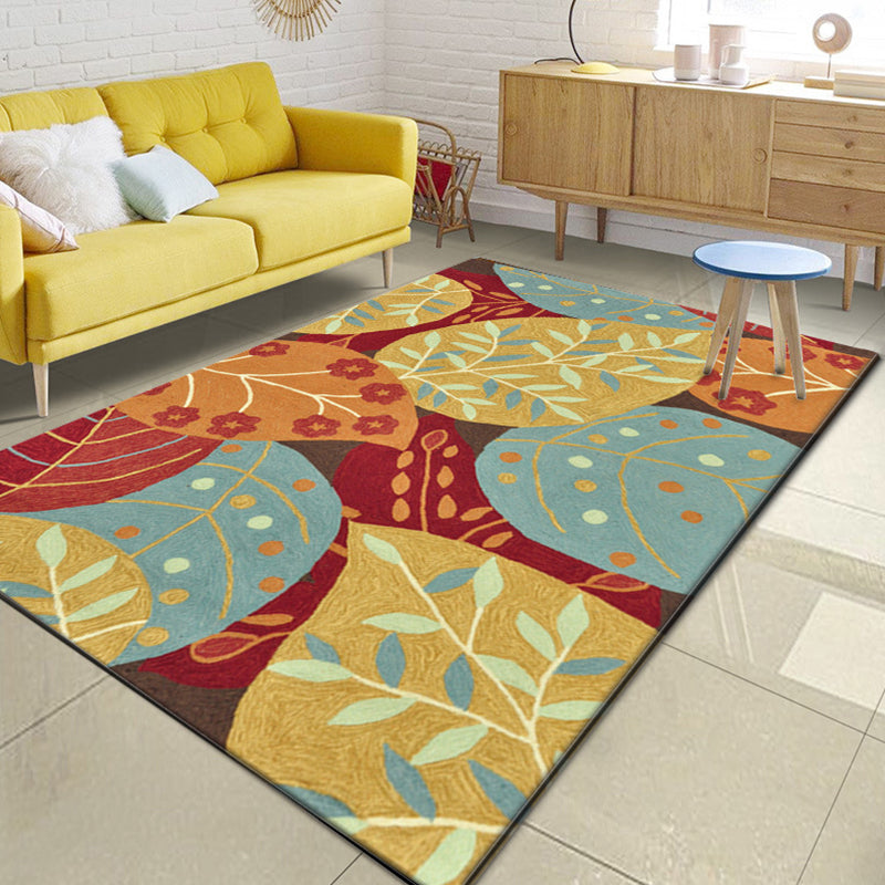 Avtoit | Red and Yellow Bedroom Carpet Vintage Botanical Leaf Pattern Carpet Polyester Anti-Slip Backing Carpet