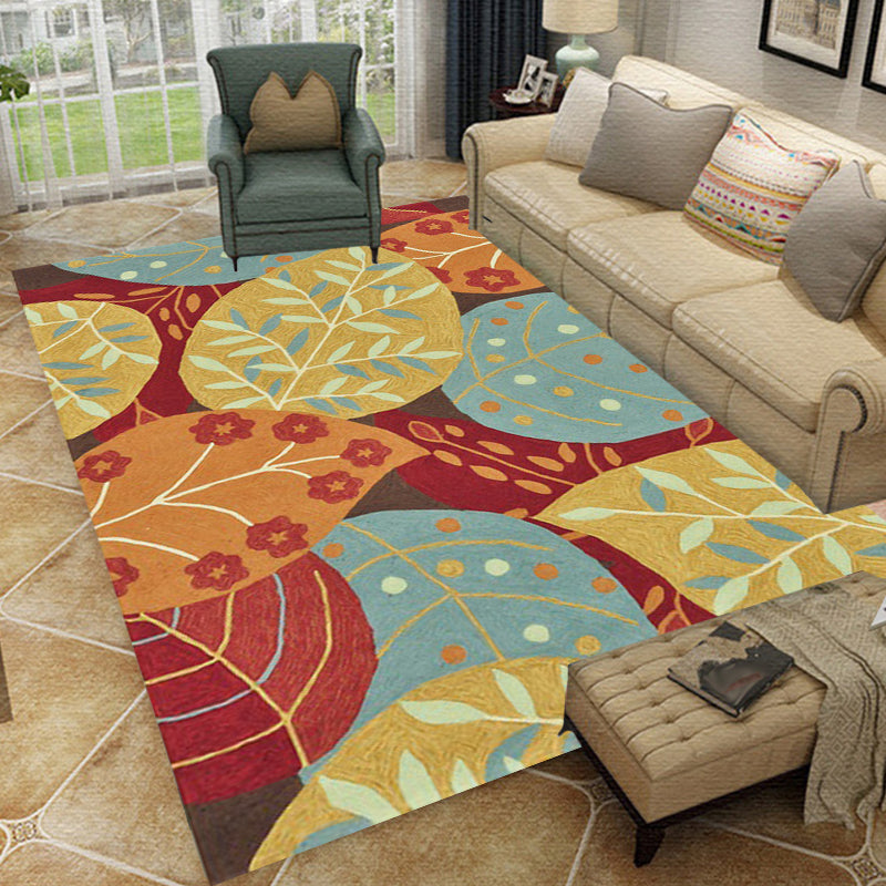 Avtoit | Red and Yellow Bedroom Carpet Vintage Botanical Leaf Pattern Carpet Polyester Anti-Slip Backing Carpet