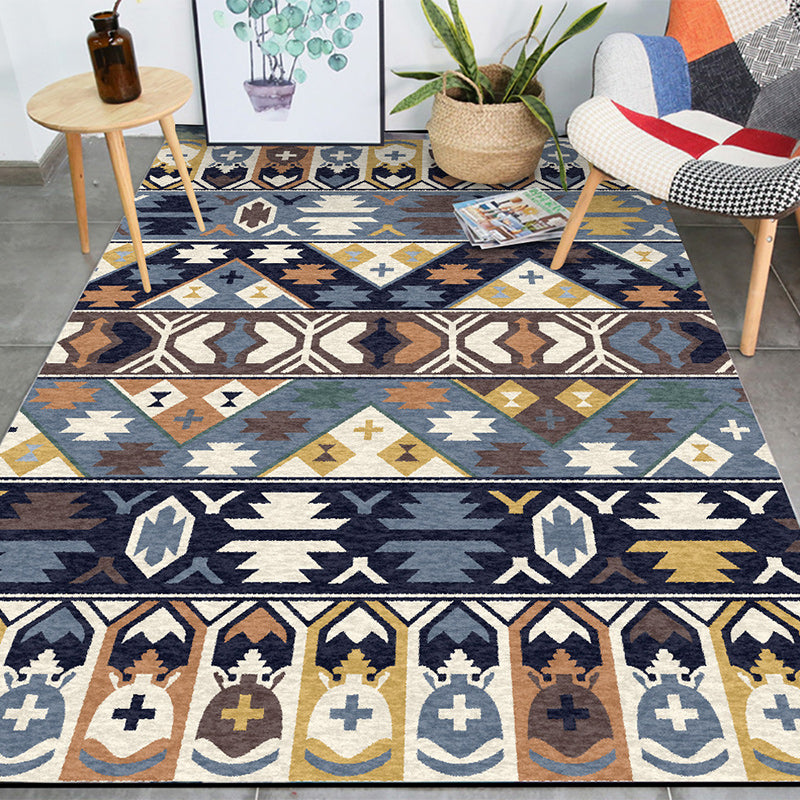 Avtoit | Southwestern living room rug in blue tribal print rug polyester stain-resistant non-slip area rug
