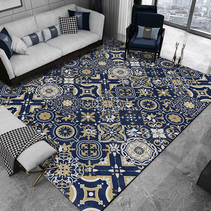 Avtoit | Blue Bedroom Rug Moroccan Flower Square Pattern Rug Polyester Non-Slip Back Rug