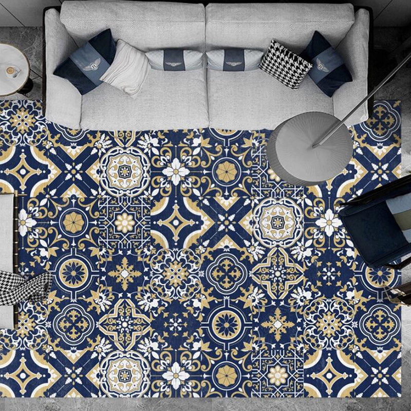 Avtoit | Blue Bedroom Rug Moroccan Flower Square Pattern Rug Polyester Non-Slip Back Rug