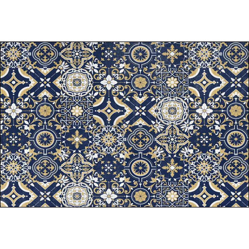 Avtoit | Blue Bedroom Rug Moroccan Flower Square Pattern Rug Polyester Non-Slip Back Rug