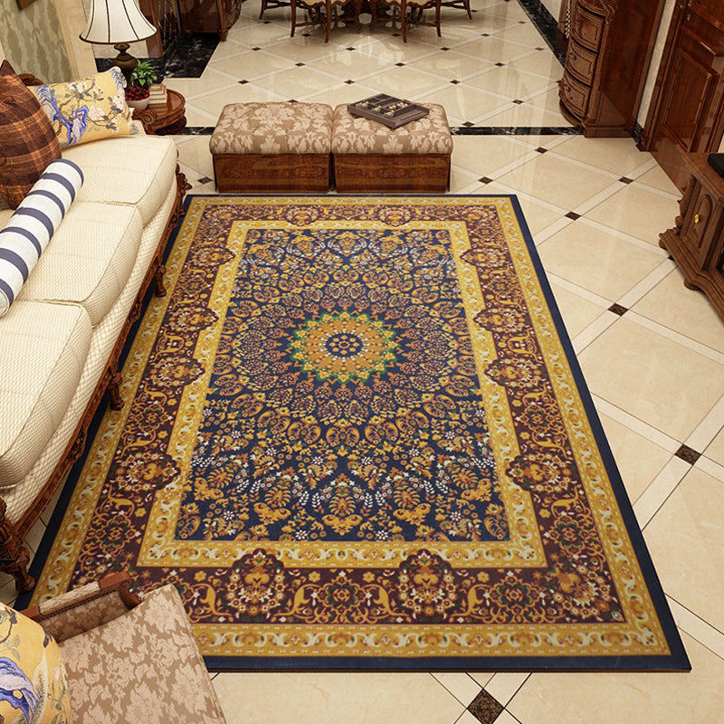 Avtoit | Moroccan Living Room Rug in Blue and Brown Medallion Floral Pattern Print Rug Polyester Pet-Friendly Rug