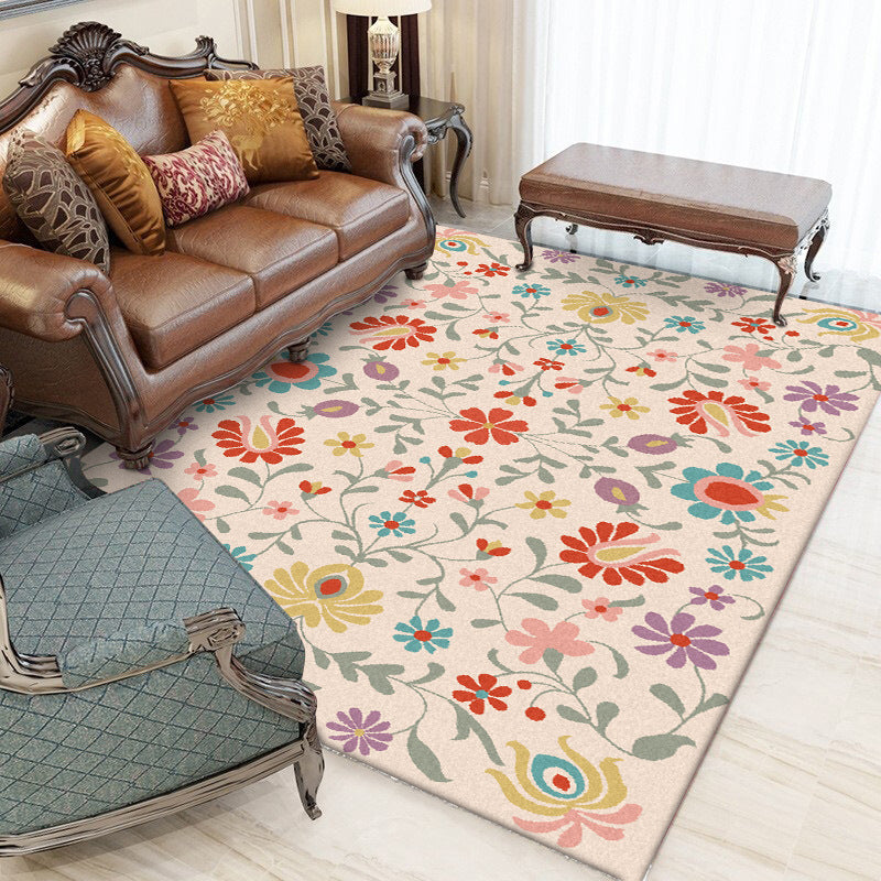 Avtoit | Vintage Floral Pattern Rug Pink Polyester Rug Machine Washable Non-Slip Rug for Bedroom