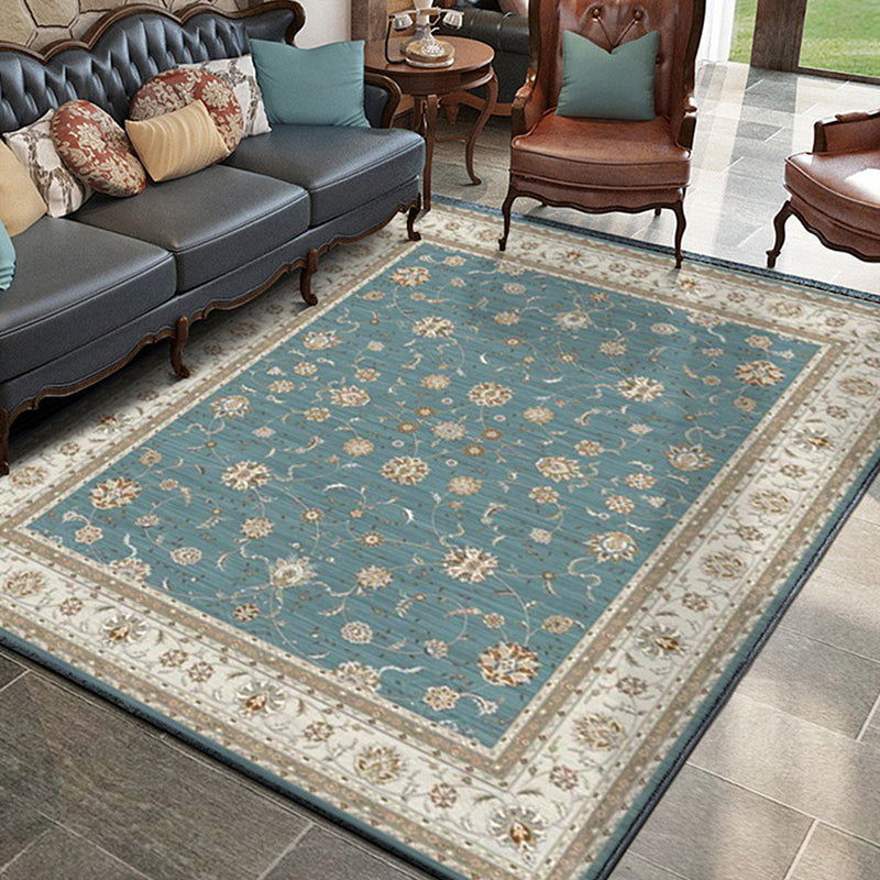 Avtoit | Blue and Khaki Classic Rug Polyester Floral Pattern Rug Washable Non-Slip Back Rug for Living Room