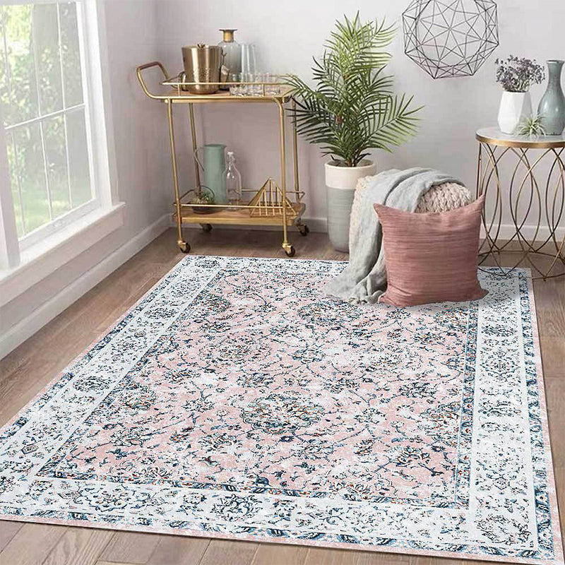Avtoit | Shabby Chic Floral Pattern Rug Light Pink and Blue Polyester Rug Machine Washable Non-Slip Area Rug for Bedroom