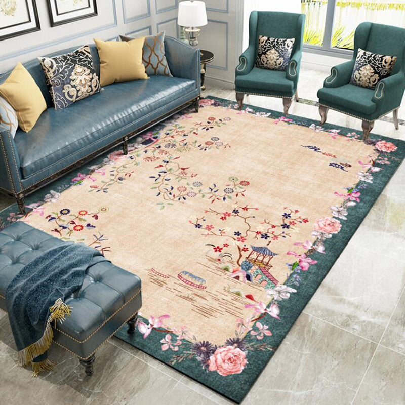 Avtoit | Light brown vintage carpet made of polyester with floral pattern, washable, non-slip back, carpet for the living room