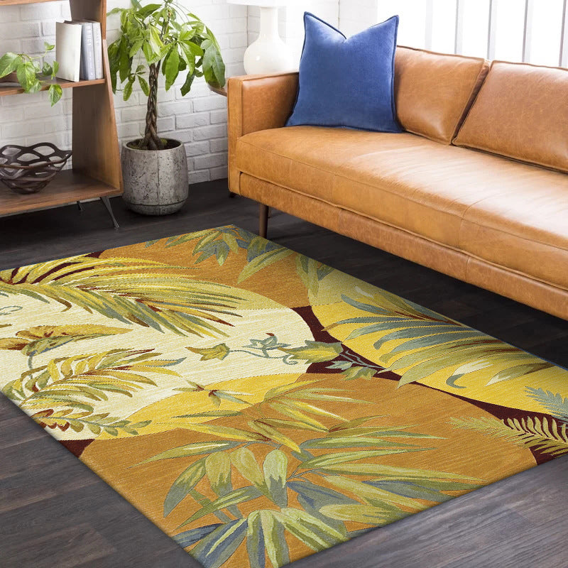 Avtoit | Retro Leaf Pattern Carpet Yellow Classic Carpet Polyester Washable Non-Slip Backing Carpet for Living Room