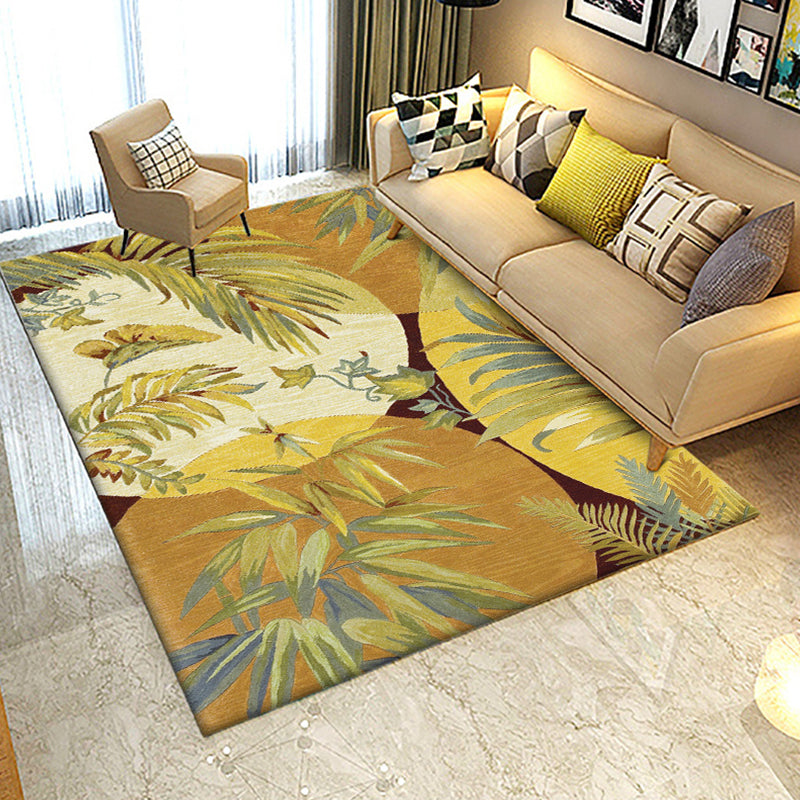 Avtoit | Retro Leaf Pattern Carpet Yellow Classic Carpet Polyester Washable Non-Slip Backing Carpet for Living Room