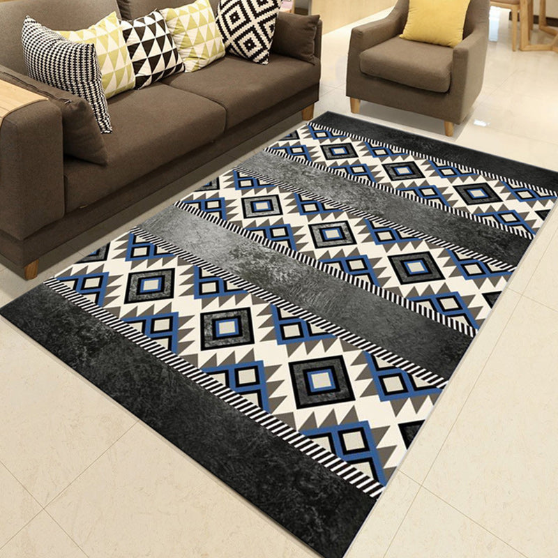 Avtoit | Southwest Living Room Rug in Black and Blue Geometric Diamond Pattern Rug Polyester Non-Slip Rug