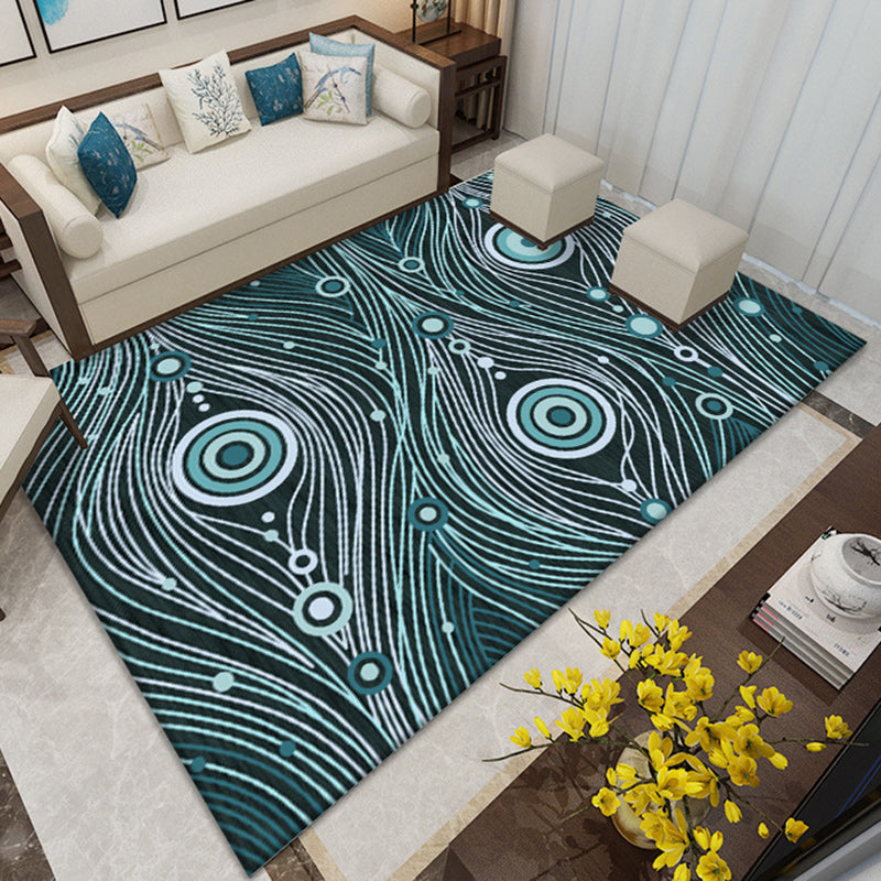 Avtoit | Southwest Living Room Rug in White and Blue Circle Line Print Rug Polyester Stain Resistant Area Rug