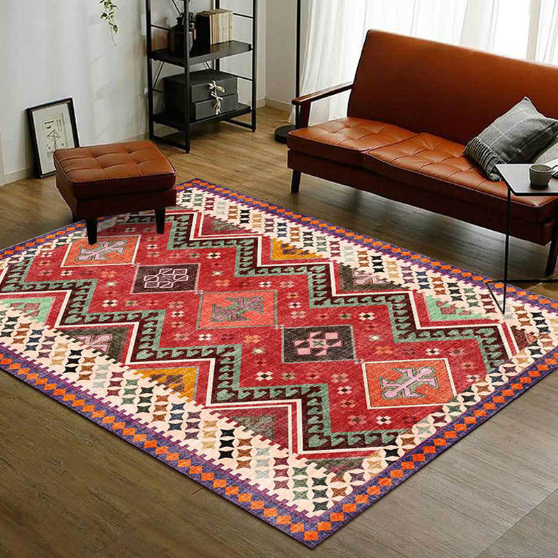 Avtoit | Red Bedroom Rug Southwestern Geometric Diamond Wave Pattern Rug Polyester Non-Slip Backing Rug