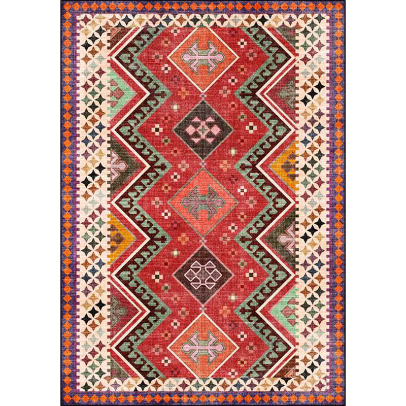 Avtoit | Red Bedroom Rug Southwestern Geometric Diamond Wave Pattern Rug Polyester Non-Slip Backing Rug
