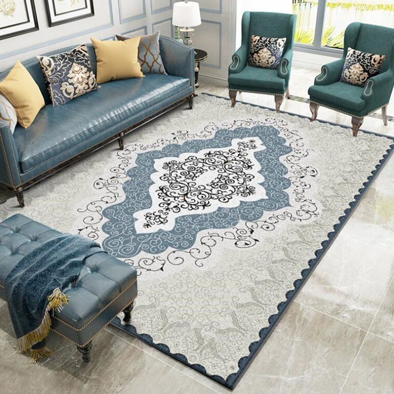 Avtoit | Mediterranean Moroccan rug in blue and gray medallion pattern rug polyester non-slip rug for home decor